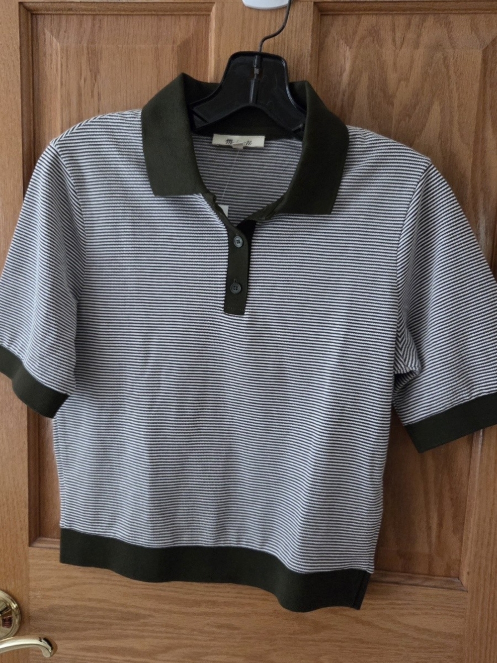Madewell Olive Green & White Striped Polo with Olive Trim
